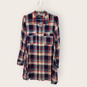 LULUS Womens Tunic Sz Medium Red Blue Plaid Long Sleeve Flared Shirt Dress‎ Prep